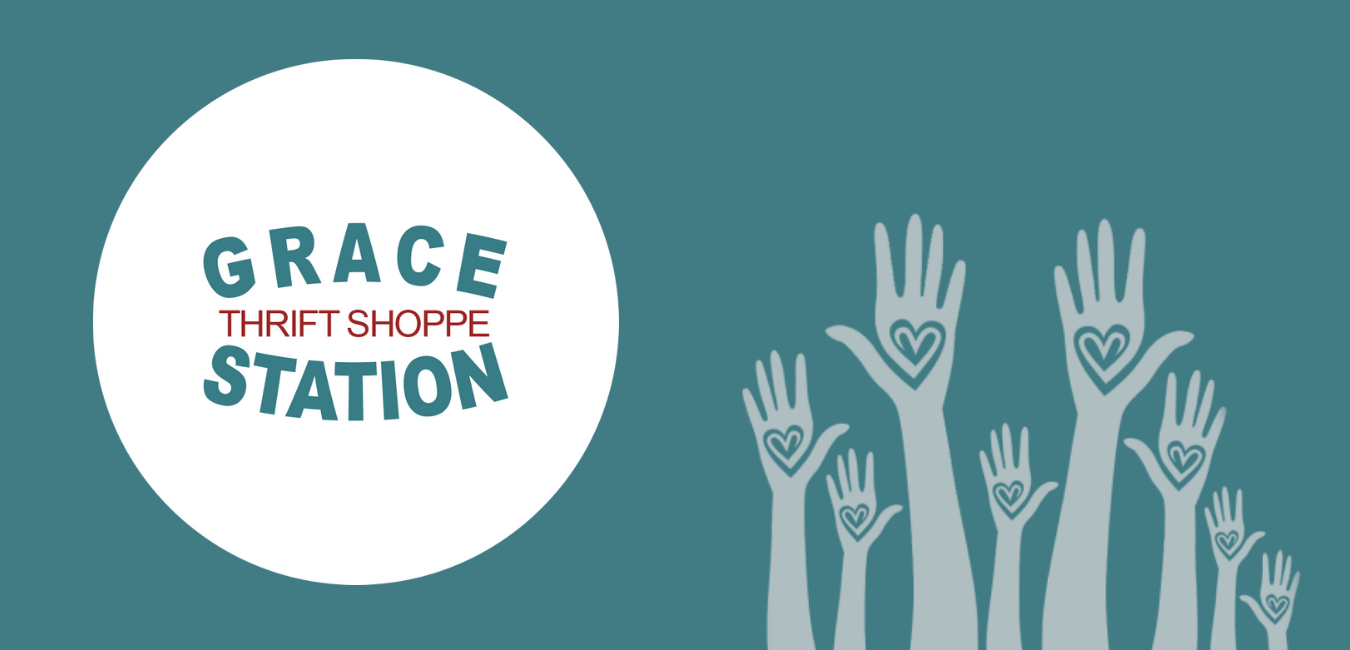 Logo for Grace Thrift Shoppe Station: a white circle with teal text on a teal background, with multiple teal raised hands featuring heart shapes on the right side.